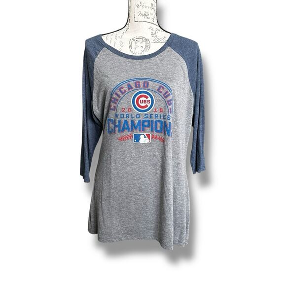 Chicago Cubs Women’s World Series Champs 2016 Ringer T-shirt Gray Blue XL - Picture 1 of 5